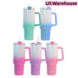 US Warehouse 40oz Sublimation Gradient Glitter Tumblers with handle Stainless Steel Water Bottle Insulation Travel Vacuum Flask Bottles Z11