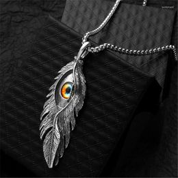 Pendant Necklaces Trend Hip Hop Silver Colour Metal Feather Demon Eye Necklace Stainless Steel Long Men's Fashion Male Accessories