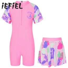 Swim wear Kids Girls Swimwear Beachwear Sets Front Zipper Cartoon Graffiti Print Patchwork Jumpsuit with Skirt Rash Guard Bathing Swimsuit HKD230628