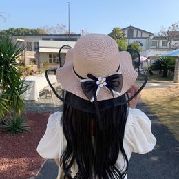 Summer Women's Straw Hat Small Fresh Wave Sun Hat Round Top Sunscreen Shading Mesh Edge Ribbon Camellia Flower Hat women hat