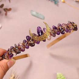 Hair Clips Natural Real Crystal Headwear Quartz Moon Crown Wedding Bridal Tiara Handmade Jewelry Gift Gold Color Purple Accessories