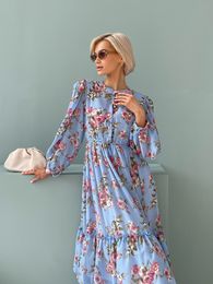 Basic Casual Dresses Elegant Pleated Long Sleeve Chiffon Evening Women Pink Blue Black White Floral Beach Maxi Summer Dress 230627