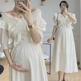 Dress Fashion Solid Brief Ruffle Maternity Gown Dress Summer Clothes for Pregnant Women 2022 New Vneck Cotton Long Pregnancy Vestidos