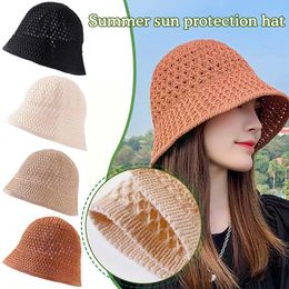 Summer Sun Hat Crochet Floppy Collapsible Dome Bucket Hat Hollow Pure Colour Simplicity Soft Beach Caps For Women Onesize N6P3