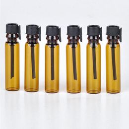 Wholesale 1ml Mini Glass Perfume Bottle Amber Small Parfume Sample Vials Tester Trial Fragrance Bottle with Black Stoppers 5000Pcs Free Etug