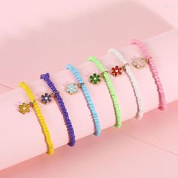 Strand 6Pcs Cute Colourful Beaded Handmade Elastic Bracelet Set Lovely Little Flowers Pendant Wristband For Women Girls Jewellery Gifts