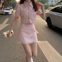 Women's T Shirts Korean Style Elegant Women Two Piece Sets Suit Office Lady Casual Outfit Chic Summer Short Sleeve Clothing Mini Skirt Pink