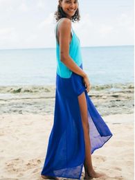 Women's Swimwear Women Beach Dress Bikini Cover Up Sexy Spaghetti Strap Sleeveless Backless See Through Colorblock Sheer Long Slit