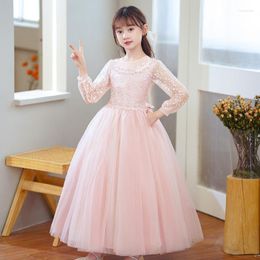 Girl Dresses Teens Formal Elegant Bridesmaid For Wedding White Pink Long Sleeve Evening Princess Lace Kids Clothes Gown