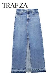Skirts TRAFZA Women's Front Slit Blue Denim Skirt Pockets High Waist Slim Zipper Fly Midi Skirts Spring Female Casual Streetwear 230628