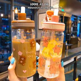 Cute Bear Straw Glass Student Scale Transparent Milk Cup Water Cup Girl's Heart Glass Mug Mugs Coffee Cup boba cups L230620
