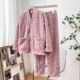 Women's Sleepwear Pink 2PCS Pajamas Set Flannel Nightwear Shirt&Pants Coral Fleece Homewear Casual Home Clothes Winter Thick Loungewear