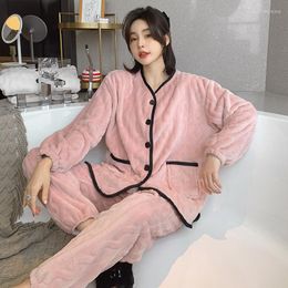 Women's Sleepwear Coral Fleece Women Nightwear Pyjama Set Autumn Winter Long Sleeve Pyjamas Sleep Suit Flannel Casual Home Clothes