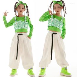 Stage Wear Girls Streetwear Hip Hop Costume Kids Jazz Dance Crop Tops Green Long Sleeves Loose White Pants Concert Show Clothing BL9577