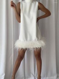 Casual Dresses Ostrich Feather Women Dress Mini 2023 Sleeveless Elegant Short Female Stand Collar Spring Straight Ladies Robe