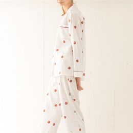 Women's Sleepwear 2023 Japanese Autumn Winter Women's Sleep Cherry Printed Long Sleeved Trousers Two Piece Pyjamas Sets Loose Home Wear