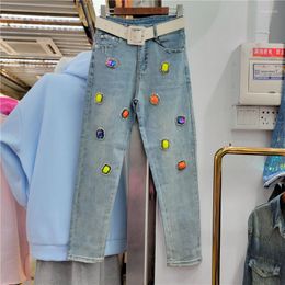 Women's Pants Beachapche 2023 Spring Beads Light Blue Jeans Women's All-Matching Colorful Rhinestone Denim Trousers