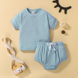 Clothing Sets Toddler Baby Unisex Clothes Set Casual Ribbed Solid Short Sleeve Tops Elastic Shorts 2PCS Outfits For Girls Boys