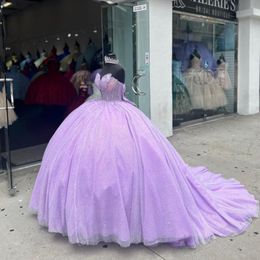 Lavender Sexy Strapless Shiny Quinceanera Dresses Sweet 16 Ball Gown Off The Shoulder Crystal Party Princess Lace-Up Back