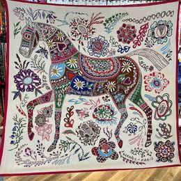 Bandanas Silk Cashmere Scarf Women Hand Rolled Shawls Floral Horse Print Square Scarves Wraps Lady Bandana Big Hijabs Female Foulards x0628