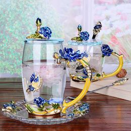 Creative Blue Rose Enamel Crystal Tea Cup Coffee Mug Butterfly Rose Painted Flower Water Cups Clear Glass with Spoon Set L230620