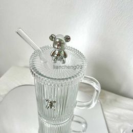 Funny Bear Glass Water Cup with Straw Cup with Cover Household Drinking Cup Coffee Cup Black Coffee Cup Water Cup Free Shipping L230620