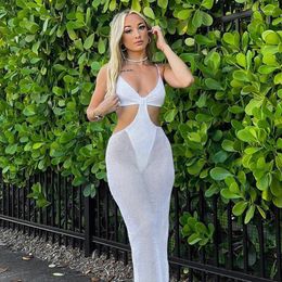 Casual Dresses GTGYFF Women's See Through Dress Sexy Summer Beach Maxi Bodysuit Spaghetti Strap Mesh Hollow Out Outfits