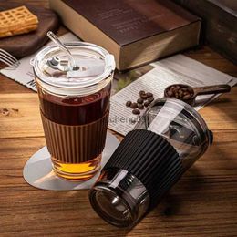 450ml with Straw Lid Glass Coffee Cup Thick Glass Mug Milk Juice Cup Drinkware Travel Sealed Non-slip Set Reusable Water Mug Hot L230620