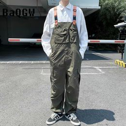 Men's Jeans Korean Style Retro Onepiece Overalls Men Loose Buckle Button with Straps Pocket Jumpsuit Casual Long Pants Black Green Outfits 230628