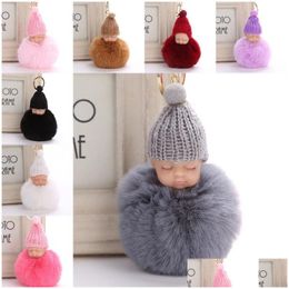 Keychains Lanyards Sweet Fluffy Pompom Slee Baby Key Chain Faux Rabbit Fur Pom Pon Knitted Hat Doll Keychain Car Keyring Toy Trend Dhtbl