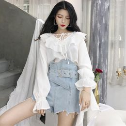 Women's Blouses Spring Korea Women's Clothing Black White Oversize Ruffles Woman Shirts Loose Flare Sleeve Tops Blusas Mujer De Moda