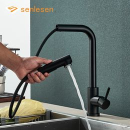 Bathroom Sink Faucets Senlesen Black Pull Out Kitchen Sink Faucet 2 Function Spout Taps Stainless Steel Deck Mounted Cold Water Mixer Tap Crane 230628