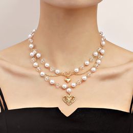 Fashion Double Layer Imitation Pearl Tassel Heart Necklace Vintage Acrylic Beads Collar Butterfly Pendant Women Jewellery Gift