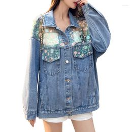 Women's Jackets Designer Sequins Jeans Jacket Lace Coat Fashion Oversized BF Denim Female Autumn Winter Long Sleeve Buttons Overcoat