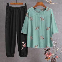 Women's Two Piece Pants 2Pcs/Set Summer Middle-Aged Elderly Women Suit Comfy Short-Sleeve Printed Loose Mother Gift