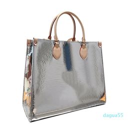 Fashion Handbags Large Capacity Tote Bag Silver Colour Embossed Letter Women Shoulder Bags Interior Zipper Pocket Travel Shopping