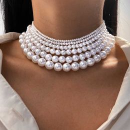 Beaded Necklaces Elegant Vintage White Imitation Pearl Choker Necklace for Women Big Round Pearls Wedding Charm Fashion Jewelry 230613