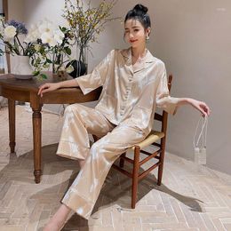 Women's Sleepwear Women's Spring Summer Thin Imitation Silk Pajamas Elegant Bat Sleeves Cardigan Large Loose Jacquard Tulip Home