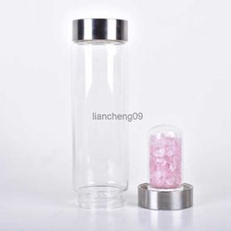 Natural Quartz Gemstone Crystal Glass Elixir Water Bottle Point Hand-Carved Gemstone Healing Glass Energy Water Bottle L230620