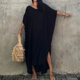 Women's Swimwear 2023 Sexy Cold Shoulder V Neck Bats Sleeve Loose Summer Beach Dress Plus Size Women Beachwear Kaftan Black Dresses