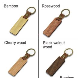 Keychains Lanyards Diy Wood Keyring For Men Women Wooden Keychain Key Ring Square Round Chips Pu Leather Drop Delivery Fashion Acce Dh3Q1