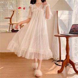 Women's Sleepwear Women's Princess Style Nightdress 2023 Korean Summer Nightgown Vintage Lace White Dress Kawaii Bow Ruffles Sleepdress