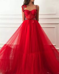 Red Prom Dress Sweetheart= A-Line Tulle Beaded Crystals Tiered Princess Girl Formal Occasion Cocktail Bridesmaid Evening Party Gown