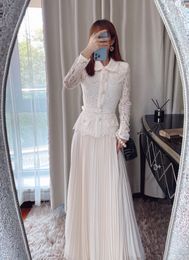 Auth S-elf Portrait Lace Panel Off White Pleated Long Skirt Slim Fit Skirt