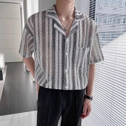 Mens Casual Shirts Black White Striped Men Baggy Shirt Summer Short Sleeve Retro Hawaiian Man Business Single Pocket Button Up Chemise