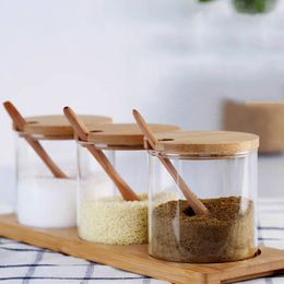 Kitchen Storage Organization European Style Glass Seasoning Jar Set Sugar Salt with Wooden Lid Spoon Tool Container 230627