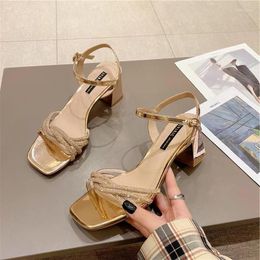 Sandals Cross-band Rhinestone Fashionable Summer Open-toe High Heels Square Toes Ankle Buckle Champagne Sexy Women's Shoes