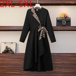 Plus Size Dresses Dress For Women Autumn V Neck Long Sleeve Leopard Patchwork Asymmetrical Female Black 2XL 3XL 4XL 5XL