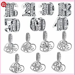 925er Silberperlen-Charms passen für Pandora-Charm-Armbänder, arabische Ziffern 16, 18, 21, 30, 40, 50, Zahlen-Charm-Set