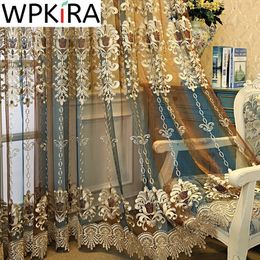 Sheer Curtains Coffee Gold Europe Embroidered Sheer Curtain For Living Room Luxury Retro Water-soluble Embroidery Tulle Window Treatment AD817E 230627
